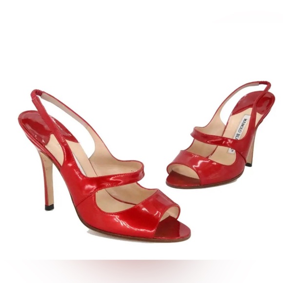 MANOLO BLAHNIK Red Patent Leather Open Pumps Size 41 (U.S. size 10/10.5) - Picture 1 of 14